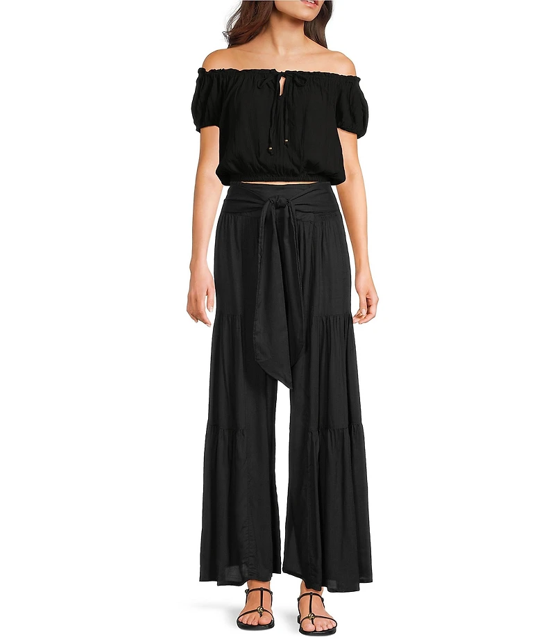 Angie Solid Tiered Tie Front Smocked Wide Leg Pants
