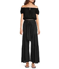 Angie Solid Tiered Tie Front Smocked Wide Leg Pants
