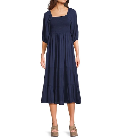 Angie Square Neck 3/4 Sleeve Smocked Bodice Midi Dress