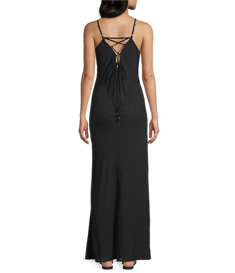 Angie Square Neck Lace Up Back Front Slit Long Dress
