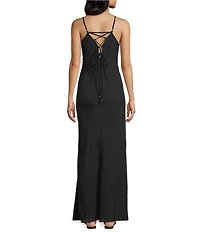 Angie Square Neck Lace Up Back Front Slit Long Dress