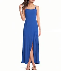 Angie Square Neck Lace Up Back Front Slit Long Dress
