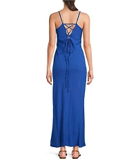 Angie Square Neck Lace Up Back Front Slit Long Dress
