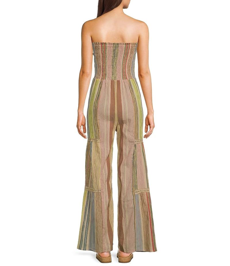 Angie Strapless Smocked Tube Crocket Trim Stripe Jumpsuit