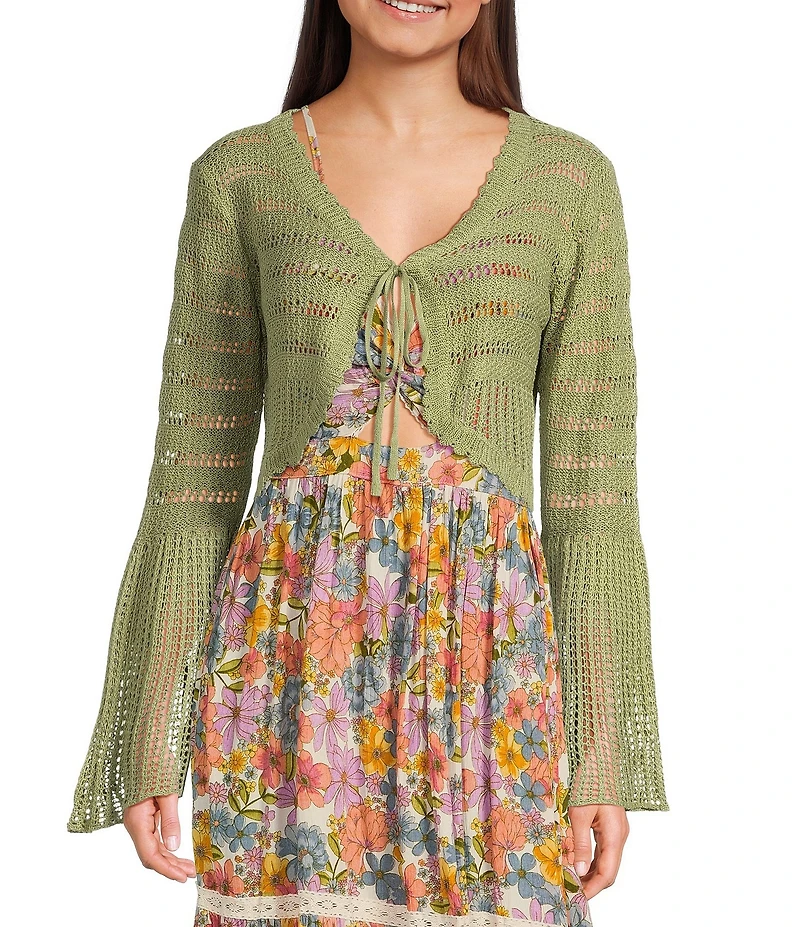 Angie Tie Front Bell Sleeve Crop Cardigan