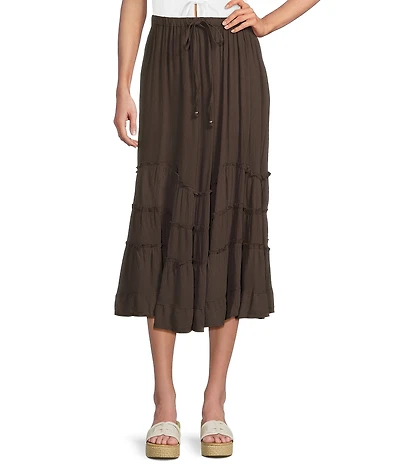 Angie Tie Front Ruffle Midi Skirt