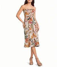 Angie Tropical Floral Strapless Smocked Midi Dress