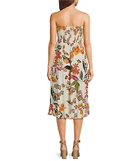Angie Tropical Floral Strapless Smocked Midi Dress