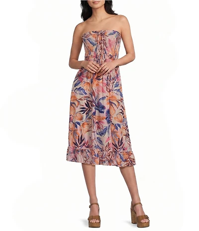 Angie Tropical Printed Strapless Smocked Midi Dress