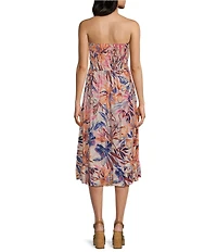Angie Tropical Printed Strapless Smocked Midi Dress