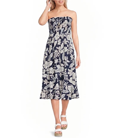 Angie Tropical Printed Strapless Smocked Midi Dress