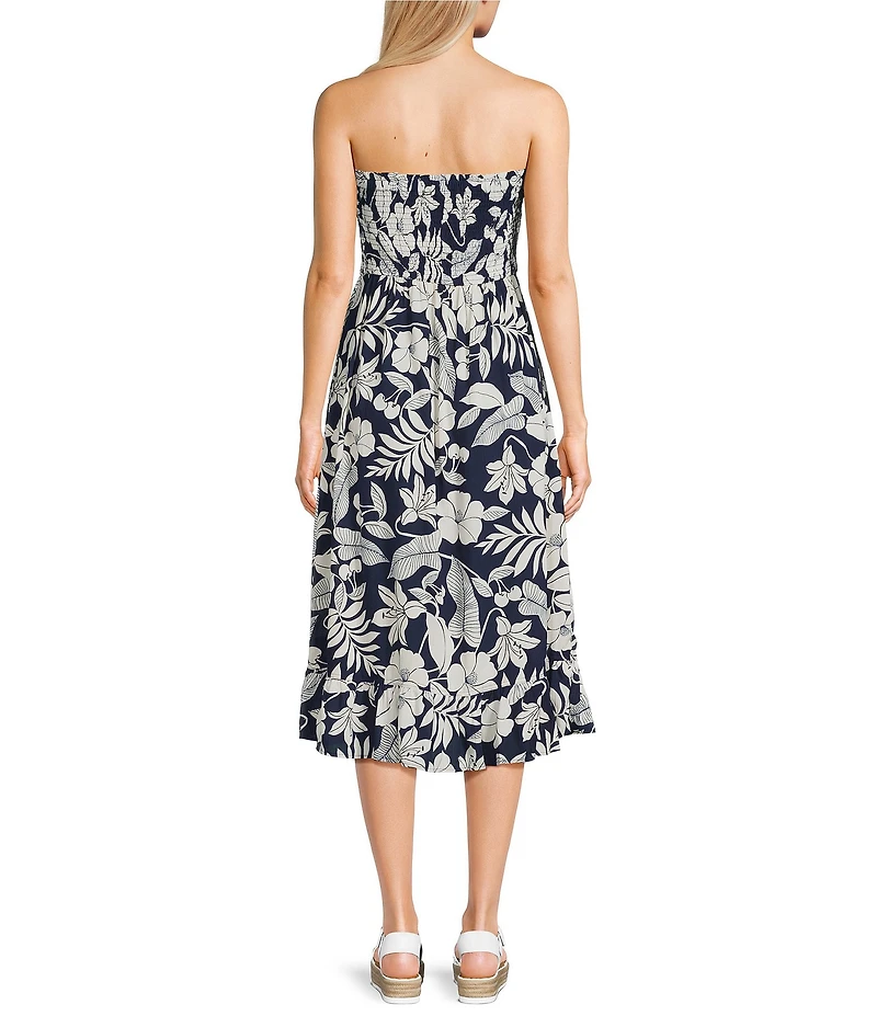 Angie Tropical Printed Strapless Smocked Midi Dress