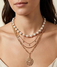 Anna & Ava Pearl Short Multi Strand Necklace with Pendant