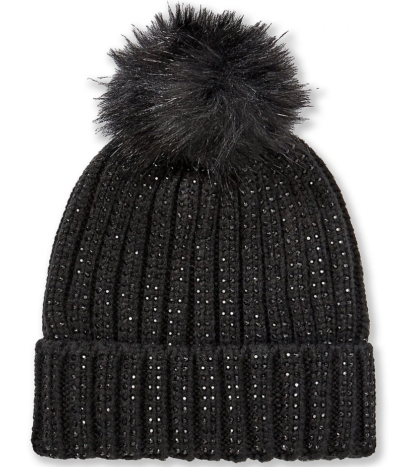 Anna & Ava Stud Stone Embellished Knit Beanie with Faux Fur Pom