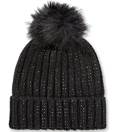 Anna & Ava Stud Stone Embellished Knit Beanie with Faux Fur Pom