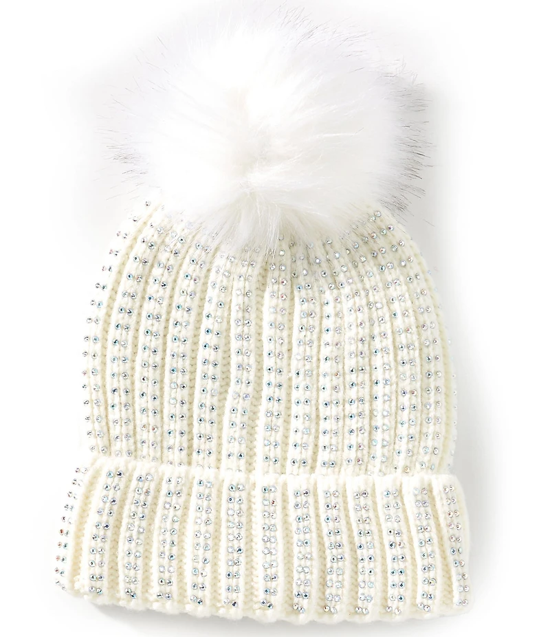 Anna & Ava Stud Stone Embellished Knit Beanie with Faux Fur Pom
