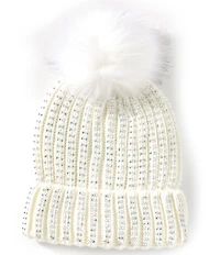 Anna & Ava Stud Stone Embellished Knit Beanie with Faux Fur Pom