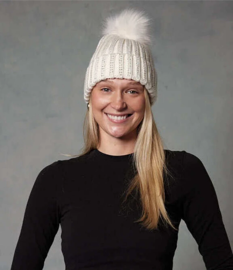Anna & Ava Stud Stone Embellished Knit Beanie with Faux Fur Pom