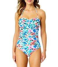 Anne Cole Floral Front Twist Strapless Bandeau One Piece Swimsuit