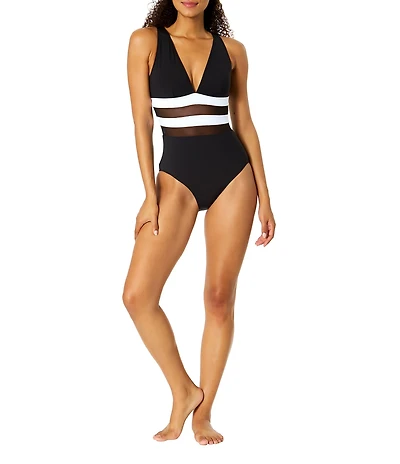 Anne Cole Gabor Mesh Colorblock Plunge V-Neck One Piece Swimsuit