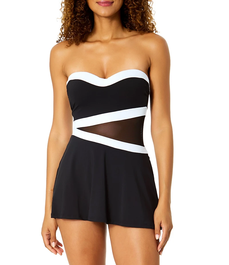 Anne Cole Gabor Mesh Paneled Strapless One Piece Swim Dress