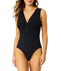 Anne Cole Luna Ribbed V-Neck Snap Front One Piece Swimsuit
