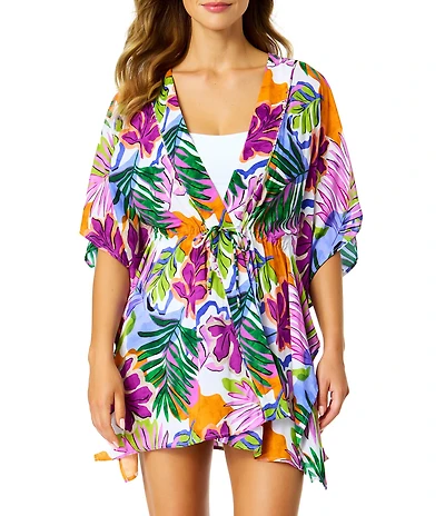 Anne Cole Mod Tropical Floral Flutter Sleeve Caftan Swim Cover Up