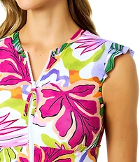 Anne Cole Mod Tropical Flutter Sleeve Zip Front Rash Guard One Piece Swimsuit