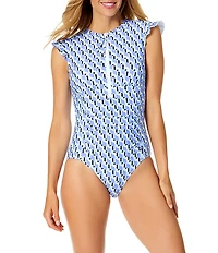 Anne Cole Pacific Flutter Zip Front High Neck One Piece Swimsuit
