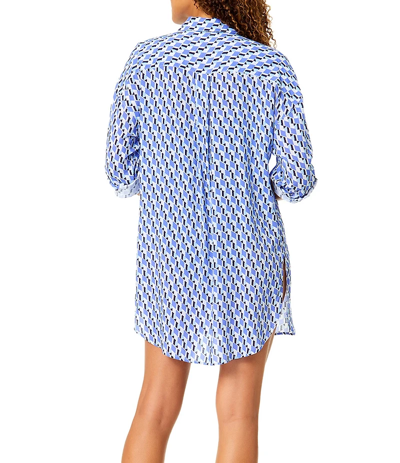 Anne Cole Pacific Point Collar Shirttail Button Front Shirt Swim Cover-Up