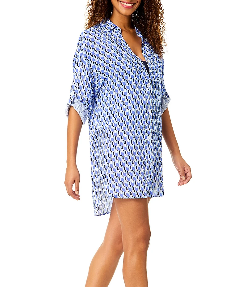 Anne Cole Pacific Point Collar Shirttail Button Front Shirt Swim Cover-Up