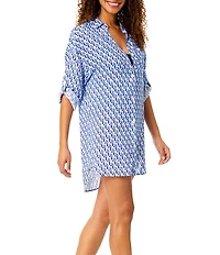 Anne Cole Pacific Point Collar Shirttail Button Front Shirt Swim Cover-Up