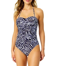 Anne Cole Shadow Palm Twist Front Shirred One Piece Swimsuit
