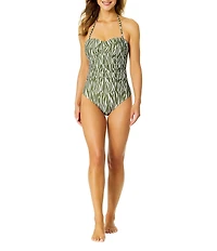 Anne Cole Sierra Wood Block Strapless Neck Twist Front Shirred One Piece Swimsuit