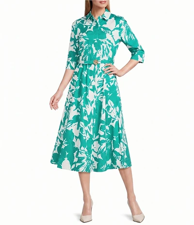 Anne Klein Abstract Floral Print Cotton Sateen Shirt Dress