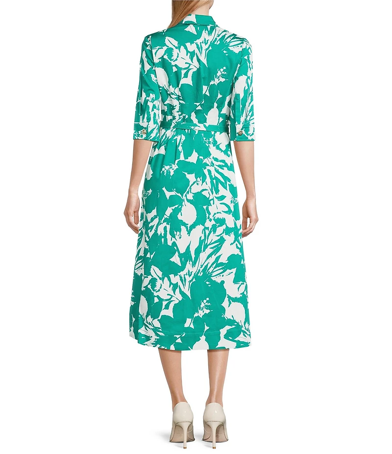 Anne Klein Abstract Floral Print Cotton Sateen Shirt Dress