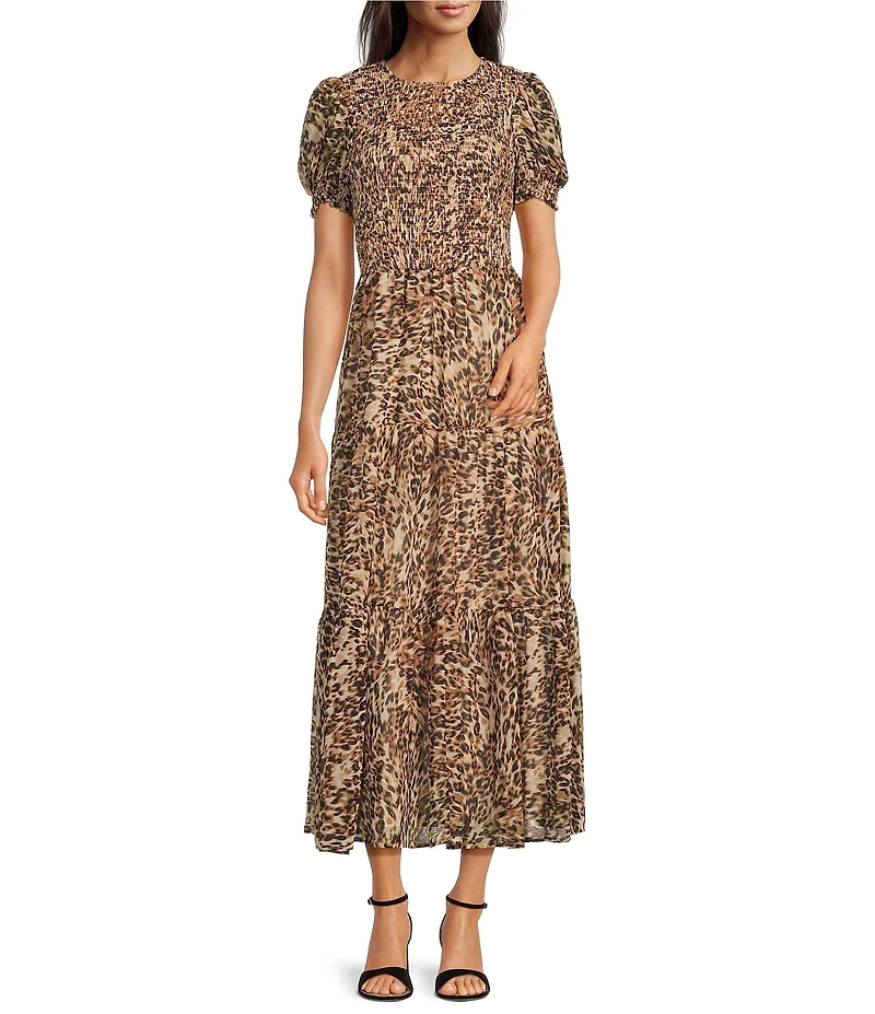 Anne Klein Animal Print Crew Neck Short Puff Sleeve Smocked Printed Chiffon Maxi Dress