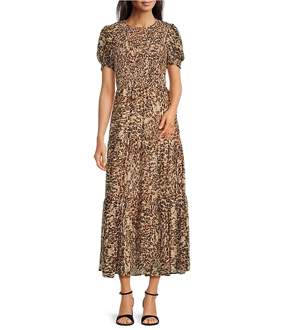 Anne Klein Animal Print Crew Neck Short Puff Sleeve Smocked Printed Chiffon Maxi Dress