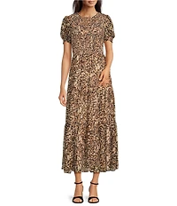 Anne Klein Animal Print Crew Neck Short Puff Sleeve Smocked Printed Chiffon Maxi Dress