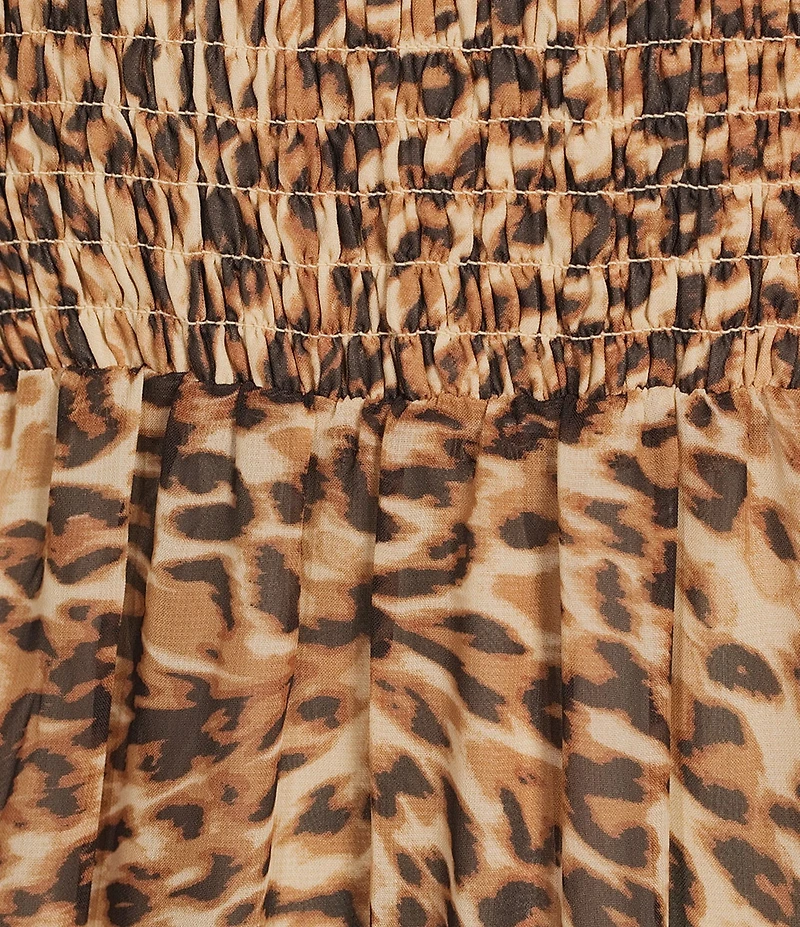 Anne Klein Animal Print Crew Neck Short Puff Sleeve Smocked Printed Chiffon Maxi Dress