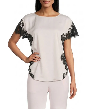 Anne Klein Boat Neck Lace Trim Short Sleeve Blouse