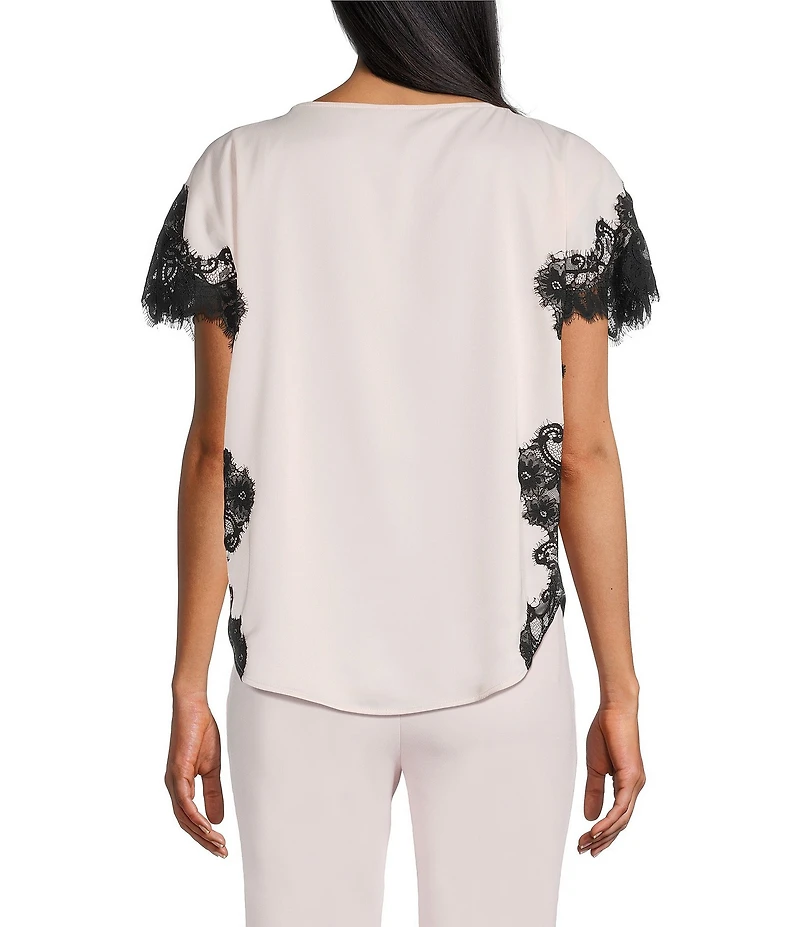 Anne Klein Boat Neck Lace Trim Short Sleeve Blouse