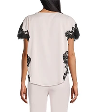 Anne Klein Boat Neck Lace Trim Short Sleeve Blouse