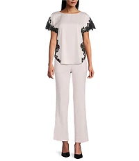 Anne Klein Boat Neck Lace Trim Short Sleeve Blouse