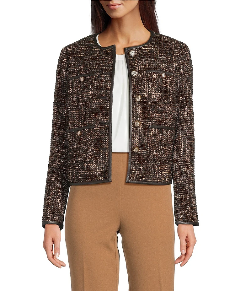 Anne Klein Button Collarless Tweed Jacket With Patch Pockets