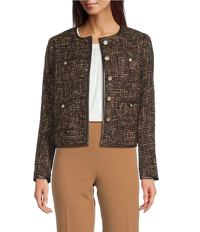 Anne Klein Button Collarless Tweed Jacket With Patch Pockets