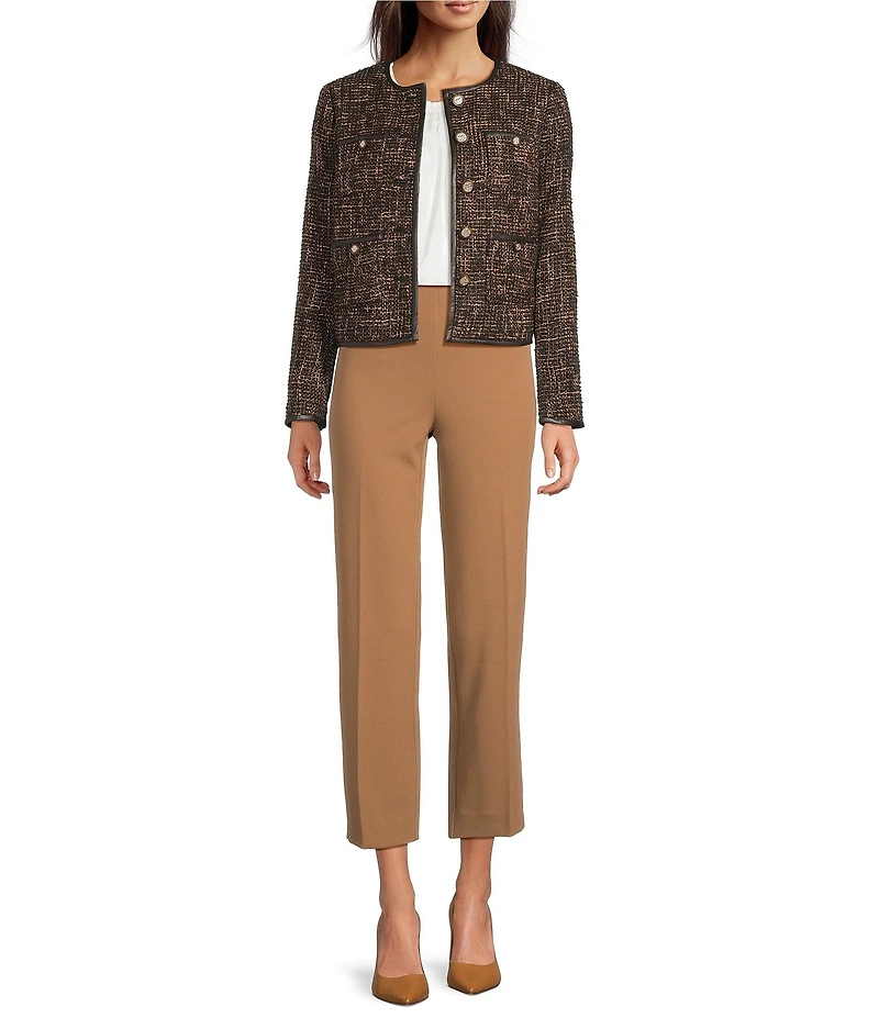 Anne Klein Button Collarless Tweed Jacket With Patch Pockets