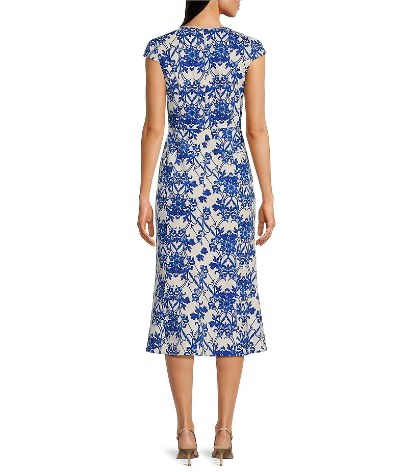 Anne Klein Chiffon Floral Print Square Neck Cap Sleeve Sheath Midi Dress