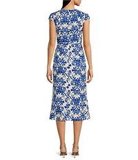 Anne Klein Chiffon Floral Print Square Neck Cap Sleeve Sheath Midi Dress