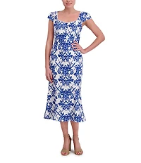 Anne Klein Chiffon Floral Print Square Neck Cap Sleeve Sheath Midi Dress